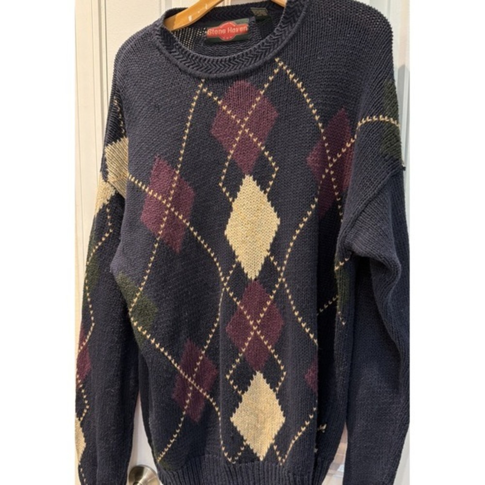 Stone Haven‎ Men's L Ramie/cotton  Blue/tan/maroon  Argyle Sweater 3865